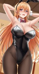 Rule 34 | 1girl, animal ears, armpits, arms up, blonde hair, blush, bow, bowtie, breasts, cleavage, commentary, embarrassed, fake animal ears, gluteal fold, highres, large breasts, leotard, long hair, looking at viewer, looking down, nakiri erina, open mouth, pantyhose, piukute062, playboy bunny, purple eyes, rabbit ears, shokugeki no souma, thighs, very long hair, wide hips