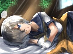 Rule 34 | 1girl, bedroom, blue eyes, blush, breasts, eyes visible through hair, gloves, hair ornament, hairclip, hamakaze (kancolle), highres, kantai collection, large breasts, looking at viewer, lying, nagisa (imizogami), neckerchief, on bed, on side, open mouth, pleated skirt, school uniform, serafuku, short hair, short sleeves, silver hair, skirt, solo, sunlight, waking up, white gloves, window, yellow neckerchief