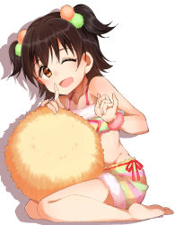 Rule 34 | 10s, 1girl, ;d, absurdres, akagi miria, artist request, black hair, bracelet, brown eyes, hair ornament, highres, idolmaster, idolmaster cinderella girls, jewelry, midriff, one eye closed, open mouth, pom pom (clothes), short hair, smile, solo, twintails, two side up