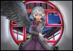 Rule 34 | 1girl, belt, belt buckle, black border, black wings, border, bow, bowtie, braid, breasts, buckle, building, closed mouth, commentary request, cowboy shot, dress, expressionless, feathered wings, french braid, glaring, grey jacket, hair between eyes, hand on own face, hand up, highres, indoors, jacket, jitome, kishin sagume, long sleeves, looking at viewer, medium breasts, night, night sky, nose, open clothes, open jacket, purple dress, red bow, red bowtie, red eyes, short hair, silver hair, single wing, sky, smile, solo, takena-c, touhou, tsurime, window, wings