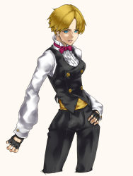 Rule 34 | 1girl, androgynous, bad id, bad pixiv id, blonde hair, blue eyes, bow, bowtie, breasts, cowboy shot, cropped legs, croupier, dress shirt, earrings, female focus, fingerless gloves, formal, gloves, hand on own hip, high collar, hip focus, jewelry, king (snk), neco, ryuuko no ken, sash, shirt, snk, solo, the king of fighters, traditional bowtie, vest
