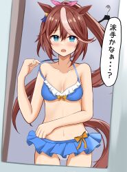 Rule 34 | 1girl, absurdres, alternate costume, animal ears, blue eyes, breasts, brown hair, collarbone, hair ornament, highres, horse ears, horse girl, horse tail, long hair, looking at viewer, open mouth, ponytail, simple background, sky wing12, small breasts, solo, swimsuit, tail, tokai teio (umamusume), umamusume