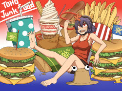 Rule 34 | 1girl, alternate costume, autumn leaves, barefoot, blue background, breasts, brown hat, brown shorts, burger, cheese, chicken (food), commentary request, contemporary, cup, disposable cup, drinking straw, eating, fast food, flag, food, food on face, french fries, fried chicken, fruit, full body, gradient background, hair between eyes, hair ornament, hat, highres, holding, holding food, hot dog, kuri dora, leaf hair ornament, lettuce, long bangs, looking at food, medium breasts, open mouth, parfait, purple hair, pyonta, red background, red eyes, red tank top, rope, short hair, shorts, sitting, soles, solo, strawberry, strawberry slice, tank top, teeth, toenails, touhou, wafer, whipped cream, yasaka kanako