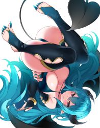Rule 34 | 1girl, absurdres, ass, black gloves, black thighhighs, blue hair, blue nails, breasts, bridal gauntlets, bridal legwear, curled horns, demon girl, demon horns, demon tail, demon wings, elbow gloves, fingernails, gloves, highres, horns, large breasts, long hair, nail polish, original, pointy ears, red eyes, sharp fingernails, sharp toenails, simple background, smile, solo, suruga (xsurugax), tail, thighhighs, toenails, white background, wings