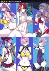 Rule 34 | 6+girls, absurdres, arms behind back, bare shoulders, bikini, boudica (fate), boudica (shining goddess) (fate), braid, breasts, carmilla (fate), carmilla (summertime mistress) (fate), chaldea lifesavers, cleavage, collarbone, covered navel, cropped, curvy, eyewear on head, fate/grand order, fate (series), female focus, fingernails, florence nightingale (chaldea lifesavers) (fate), florence nightingale (fate), food, fruit, gluteal fold, grapes, hat, highres, holding, honjou raita, huge filesize, jack the ripper (fate/apocrypha), large breasts, long fingernails, looking at viewer, mash kyrielight, mash kyrielight (dive to blue), multiple girls, o-ring, o-ring bikini, official alternate costume, one-piece swimsuit, open mouth, page number, popsicle, scan, scar, seaside luxury, simple background, small breasts, summer little, summertime mistress, sunglasses, swimsuit, wu zetian (fate), wu zetian (seaside luxury) (fate)
