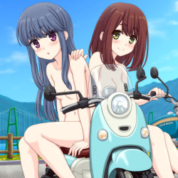 Rule 34 | 2girls, aoi akua, blue hair, blush, brand name imitation, breasts, bridge, brown hair, cloud, collarbone, completely nude, day, fence, grass, green eyes, hand on another&#039;s shoulder, long hair, medium hair, motor vehicle, mountainous horizon, multiple girls, navel, nude, nudist, outdoors, public indecency, public nudity, purple eyes, scooter, shima rin, sitting, sky, small breasts, smile, toki ayano, wooden fence, yuri, yurucamp