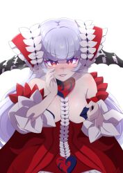 Rule 34 | 1girl, blush, breasts, demon girl, detached sleeves, dress, hand up, highres, hime cut, horns, kyoumu (mgcmkyomu), long hair, looking at viewer, luxuria (magicami), magicami, open mouth, pasties, red dress, red eyes, saliva, small breasts