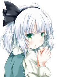 Rule 34 | 1girl, :o, ahoge, commentary, from side, green eyes, green vest, hair ribbon, highres, konpaku youmu, long sleeves, looking at viewer, looking back, own hands together, ribbon, sanari (quarter iceshop), shirt, short hair, silver hair, simple background, solo, touhou, upper body, vest, white background, white shirt