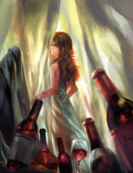 Rule 34 | 1girl, bad id, bad pixiv id, bare shoulders, bottle, brown eyes, brown hair, cup, drinking glass, expressionless, from behind, highres, kzcjimmy, long hair, looking back, lupin iii, mine fujiko, solo, tms entertainment, wine glass