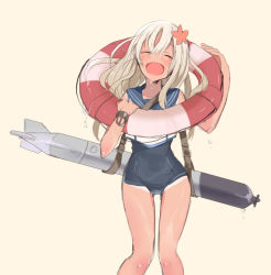 Rule 34 | 10s, 1girl, :d, ^ ^, blonde hair, closed eyes, flower, hair flower, hair ornament, happy, ishita (sunagimomo), kantai collection, lifebuoy, long hair, open mouth, ro-500 (kancolle), simple background, sketch, smile, solo, swim ring, swimsuit, tan, tanline, thighs, tongue, torpedo, yellow background