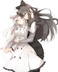 Rule 34 | 2girls, absurdres, alternate universe, artist name, azure-zer0, belt, belt buckle, beret, black bow, black hair, black pants, black ribbon, blake belladonna, blue eyes, blush, bow, breasts, buckle, closed mouth, coat, commentary, couple, eye contact, facial mark, facing another, formal, frills, hair between eyes, hair bow, hair down, hair ornament, hair ribbon, half-closed eyes, hand in another&#039;s hair, hand in own hair, hand up, happy, hat, highres, hug, hug from behind, interlocked fingers, long hair, long sleeves, looking at another, medium breasts, multiple girls, pants, ribbon, roosterteeth, rwby, scar, scar across eye, scar on face, simple background, skirt, smile, standing, suit, weiss schnee, white background, white coat, white hair, winter clothes, winter coat, yellow eyes, yuri