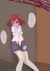 Rule 34 | 1girl, alternate costume, artist request, belt, black shorts, blush, female focus, green eyes, have to pee, heart, highres, indoors, knees together feet apart, kurosawa ruby, love live!, love live! sunshine!!, open mouth, own hands together, peeing, peeing self, pink hair, saliva, shirt, short hair, short sleeves, short twintails, shorts, simple background, solo, speech bubble, spoken heart, standing, sweat, talking, text focus, translation request, twintails, v arms, wavy mouth, wet, wet clothes