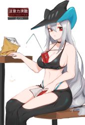 Rule 34 | 1girl, arknights, bag of chips, bare arms, bare shoulders, bendy straw, between breasts, black choker, black hat, black pants, breasts, can, chips (food), choker, cleavage, clothing cutout, collarbone, commentary request, crop top, drink can, drinking straw, english text, feet out of frame, food, grey hair, hair between eyes, hat, highres, inniyik, long hair, looking at viewer, medium breasts, navel, pants, parted lips, potato chips, red eyes, saliva, simple background, sitting, skadi (arknights), soda can, solo, table, thigh cutout, very long hair, white background