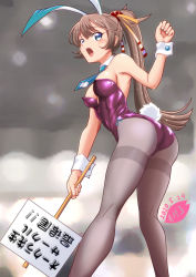 Rule 34 | 1girl, animal ears, artist logo, blue necktie, breasts, brown hair, dated, detached collar, fake animal ears, feet out of frame, gluteal fold, grey pantyhose, hair ribbon, kantai collection, kazagumo (kancolle), leotard, long hair, medium breasts, moke ro, necktie, open mouth, pantyhose, playboy bunny, ponytail, purple leotard, rabbit ears, rabbit girl, rabbit tail, ribbon, sign, solo, standing, strapless, strapless leotard, tail, thighband pantyhose, translation request, wrist cuffs