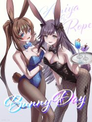 Rule 34 | 2girls, alternate breast size, amiya (arknights), animal ears, arknights, arm across waist, black bow, black bowtie, black leotard, blue bow, blue bowtie, blue eyes, blush, bow, bowtie, breasts, brown hair, brown pantyhose, brown tail, bunny day, character name, cleavage, clothing cutout, collar, cowboy shot, detached collar, detached sleeves, drink, embarrassed, fingernails, fishnet pantyhose, fishnets, hair between eyes, hair bow, highres, holding, holding tray, jewelry, large breasts, leaning forward, leotard, long hair, looking at viewer, medium breasts, multiple girls, multiple rings, open mouth, pantyhose, playboy bunny, ponytail, purple hair, rabbit ears, rabbit girl, rabbit tail, ring, rope (arknights), sidelocks, simple background, strapless, strapless leotard, sweatdrop, tail, tail through clothes, tanagawa makoto, traditional bowtie, tray, twitter username, very long hair, wavy mouth, white background, white collar, white wrist cuffs, wrist cuffs