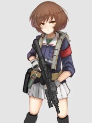 Rule 34 | 10s, 1girl, akiyama yukari, armband, assault rifle, backpack, bag, belt, black footwear, blue jacket, boots, brown eyes, brown hair, closed mouth, commentary, cowboy shot, fingerless gloves, flashlight, girls und panzer, gloves, green shirt, grey background, gun, half-closed eyes, highres, holding, holding gun, holding weapon, jacket, knee boots, light frown, long sleeves, looking at viewer, messy hair, military, military uniform, miniskirt, ooarai military uniform, pleated skirt, rifle, shirt, short hair, simple background, skirt, sleeves rolled up, smoke grenade, solo, standing, tacch, tactical clothes, tactical light, trigger discipline, uniform, utility belt, weapon, weapon request, white gloves, white skirt