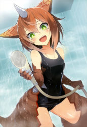 Rule 34 | 1girl, :d, absurdres, bathing, bathroom, brown hair, claws, gomora, green eyes, highres, horns, non-web source, nyantype, official art, one-piece swimsuit, open mouth, scan, school swimsuit, shower head, showering, smile, swimsuit, ultra series, ultraman (1st series), water, wet, wet clothes