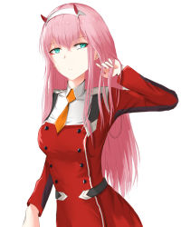 Rule 34 | 1girl, absurdres, adjusting hair, breasts, cowboy shot, darling in the franxx, expressionless, green eyes, hair between eyes, hand in own hair, highres, huijin zhi ling, long hair, looking at viewer, medium breasts, necktie, pink hair, solo, white background, yellow necktie, zero two (darling in the franxx)