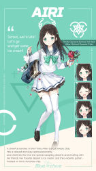 Rule 34 | 1girl, absurdres, airi (blue archive), aqua eyes, bag, black hair, blue archive, bow, bowtie, character name, character sheet, chocolate, double scoop, expressions, food, food-themed hair ornament, frilled skirt, frills, full body, gun, h&amp;k mp5k, hair ornament, highres, holding, ice cream, ice cream cone, ice cream hair ornament, long hair, macciatto (aciel02), official art, school bag, school uniform, serafuku, shoes, skirt, solo, submachine gun, thighhighs, weapon, white serafuku