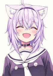 Rule 34 | 1girl, :d, ^ ^, ahoge, animal ear fluff, animal ears, black choker, black hairband, cat ears, cat girl, choker, closed eyes, commentary, deadnooodles, grey background, hair between eyes, hairband, highres, hololive, nekomata okayu, nekomata okayu (casual), open mouth, purple hair, sailor collar, short hair, simple background, smile, solo, symbol-only commentary, upper body, virtual youtuber, white background, white sailor collar