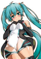 Rule 34 | 1girl, aqua eyes, aqua hair, blush, breasts, cameltoe, covered erect nipples, elbow gloves, gloves, hatsune miku, highres, hojo (songforfriend), leotard, long hair, looking at viewer, race queen, racing miku, small breasts, smile, solo, thighhighs, twintails, very long hair, vocaloid