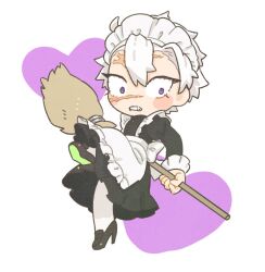 Rule 34 | 1boy, alternate costume, angry, apron, black dress, black footwear, broom, chibi, clenched teeth, colored shoe soles, crossdressing, dress, enmaided, foot up, frilled apron, frilled sleeves, frills, full body, heart, high heels, holding, holding broom, juliet sleeves, kimetsu no yaiba, knee up, long sleeves, looking at viewer, maid, maid apron, maid headdress, male focus, pantyhose, puffy sleeves, scar, scar on face, scar on forehead, scar on nose, shinazugawa sanemi, shoe soles, short hair, solo, teeth, white hair, white pantyhose, wide-eyed, zooooo co