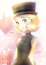 Rule 34 | 1girl, animal ear fluff, bare shoulders, black headwear, black shirt, blonde hair, blue eyes, blush, breasts, closed mouth, commentary, creatures (company), delphox, earrings, english commentary, eyewear on head, fangs, game freak, gen 6 pokemon, gradient background, hat, highres, jewelry, konna-nani, leaf, looking at viewer, mouth hold, nintendo, open mouth, pancham, pokemon, pokemon (anime), pokemon (creature), pokemon journeys, pokemon swsh105, serena (pokemon), shirt, short hair, sleeveless, sleeveless shirt, small breasts, smile, sunglasses, sylveon, turtleneck, upper body