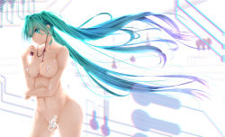 Rule 34 | 1girl, aqua eyes, aqua hair, bad hands, breasts, bubble, bubble censor, convenient censoring, digital media player, hatsune miku, headphones, highres, large breasts, long hair, navel, nipples, nude, pussy, solo, standing, twintails, very long hair, vocaloid, xuanlin jingshuang