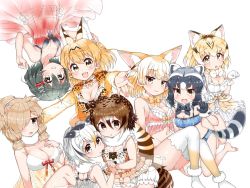 Rule 34 | 10s, 6+girls, alpaca suri (kemono friends), animal ears, arato asato, babydoll, bird tail, black hair, bow, breasts, brown hair, camisole, chemise, cleavage, common raccoon (kemono friends), eurasian eagle owl (kemono friends), fennec (kemono friends), frills, gloves, head wings, kaban (kemono friends), kemono friends, lace, lingerie, midriff, multiple girls, navel, negligee, nightgown, northern white-faced owl (kemono friends), panties, ribbon, see-through, serval (kemono friends), serval print, serval tail, spaghetti strap, strap slip, tail, thighhighs, underwear, underwear only, wings