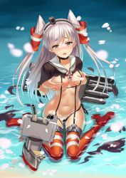 Rule 34 | 10s, 1girl, absurdres, alternate breast size, amatsukaze (kancolle), bad id, bad pixiv id, black panties, blush, breasts, brown eyes, covering breasts, covering privates, dress, garter straps, highres, kantai collection, large breasts, long hair, looking at viewer, navel, nuwangyang (930426), open mouth, panties, personification, petals, pussy, red thighhighs, rensouhou-kun, sailor dress, school uniform, serafuku, shiny skin, side-tie panties, silver hair, sitting, striped clothes, striped thighhighs, tears, thighhighs, torn clothes, torn dress, twintails, two side up, underwear, untied, wariza, water, wet