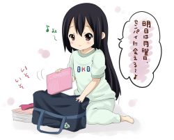 Rule 34 | 1girl, alternate hairstyle, bad id, bad pixiv id, bag, barefoot, black hair, brown eyes, full body, hair down, highres, k-on!, long hair, musical note, nakano azusa, no nose, official style, pajamas, ragho no erika, simple background, sitting, sleepwear, smile, solo, translated, white background
