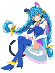 Rule 34 | 1girl, ;), absurdres, animal ear fluff, animal ears, black choker, blue footwear, blue gloves, blue hair, blue hat, blue jacket, boots, braid, cat ears, cat tail, choker, closed mouth, collarbone, colored eyelashes, crossed arms, cure cosmo, ebura din, elbow gloves, full body, fur-trimmed boots, fur-trimmed gloves, fur trim, gloves, hair between eyes, hat, hat ornament, high heel boots, high heels, highres, jacket, long hair, looking at viewer, mini hat, miniskirt, multicolored hair, one eye closed, orange eyes, pink hair, precure, simple background, skirt, sleeveless, sleeveless jacket, smile, solo, star (symbol), star hat ornament, star twinkle precure, tail, thigh boots, thighhighs, twin braids, twintails, two-tone hair, very long hair, white background
