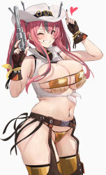 Rule 34 | 1girl, alternate costume, azur lane, bare shoulders, belt, bikini, black nails, blush, breasts, bremerton (azur lane), brown belt, brown gloves, chela77, cleavage, commentary, cowboy hat, female pubic hair, fingerless gloves, fingernails, framed breasts, gloves, gold bikini, grey hair, gun, handgun, hands up, hat, heart, highres, holding, holding gun, holding weapon, large breasts, long hair, looking at viewer, mole, mole on breast, mole under eye, multicolored hair, nail polish, navel, navel piercing, one eye closed, parted lips, piercing, pink eyes, pink hair, pubic hair, pubic hair peek, revolver, sharp fingernails, simple background, smile, streaked hair, swimsuit, teeth, thighhighs, thighs, twintails, weapon, white background, white headwear, yellow bikini