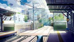 Rule 34 | bench, building, city, cloud, fence, highres, lamppost, lens flare, naohiro, no humans, original, power lines, railroad tracks, scenery, shade, sign, sky, train station, tree