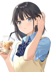 Rule 34 | 1girl, bendy straw, black hair, blue bow, blue eyes, blue shirt, blush, bow, collared shirt, commentary request, cup, diagonal stripes, disposable cup, drinking straw, earrings, eyebrows hidden by hair, hair behind ear, tucking hair, hands up, highres, holding, holding cup, jewelry, looking at viewer, original, parted lips, school uniform, shirt, short sleeves, simple background, solo, striped, striped bow, stud earrings, sweat, sweater vest, upper body, urata asao, white background