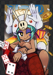 Rule 34 | 1girl, blue hair, bow, bowtie, breasts, card, cerebella (skullgirls), cleavage, coin, dark-skinned female, dark skin, detached collar, eyeshadow, hat, highres, imeni-art, large breasts, leotard, looking at viewer, makeup, official alternate costume, one eye closed, playing card, rabbit tail, skullgirls, smile, solo, sparkle, symbol-shaped pupils, vice-versa (skullgirls), wrist cuffs