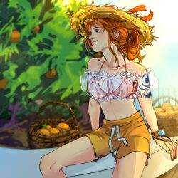 Rule 34 | 1girl, absurdres, arm tattoo, bare shoulders, basket, black eyes, closed mouth, food, fruit, hat, highres, log pose, looking to the side, medium hair, mishailla, nami (one piece), one piece, orange (fruit), orange hair, outdoors, shorts, sitting, smile, solo, straw hat, tattoo, tree, yellow shorts