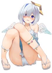 Rule 34 | 1girl, amane kanata, anklet, armpit crease, ass, asymmetrical hair, bikini, bikini skirt, blue eyes, blue hair, breasts, buket pudding i, collarbone, colored inner hair, commentary request, embarrassed, feet, frilled bikini, frills, full body, grey bikini, grey hair, hair over one eye, highres, hololive, jewelry, knees together feet apart, knees up, legs, looking at viewer, medium hair, multicolored hair, off shoulder, official alternate costume, pink hair, sandals, shiny skin, simple background, small breasts, solo, streaked hair, sweatdrop, swimsuit, thighs, toenails, toes, virtual youtuber, white background