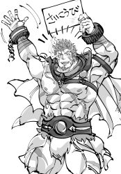 Rule 34 | 1boy, abs, bara, bare pectorals, blush, bulge, chest harness, cross scar, facial hair, feet out of frame, flaming eye, goatee, greyscale, harness, heracles (housamo), highres, holding, holding sign, kizami nori to yamaimo, loincloth, long sideburns, looking at viewer, male focus, mature male, monochrome, muscular, muscular male, nipples, pectorals, scar, scar on chest, short hair, sideburns, sign, sketch, solo, stomach, thick thighs, thighs, tokyo houkago summoners, translation request, unfinished