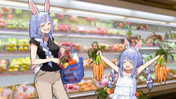 Rule 34 | 2girls, absurdres, aged down, alternate costume, animal ear fluff, animal ears, basket, black shirt, blue hair, blush, bow, braid, braided ponytail, breasts, brown pants, buck teeth, carrot, closed eyes, commentary, cowboy shot, dress, food, food on face, frilled dress, frills, hair bow, hair over shoulder, hashtag-only commentary, highres, holding, holding basket, holding carrot, hololive, jongho bak, light blue hair, long hair, looking at another, medium breasts, mother and daughter, multicolored hair, multiple girls, open mouth, outstretched arms, pants, pekomama, photo background, rabbit ears, rabbit girl, rabbit tail, shirt, shopping, shopping basket, short eyebrows, short sleeves, sleeveless, sleeveless dress, smile, standing, t-shirt, tail, teeth, thick eyebrows, twin braids, twintails, two-tone hair, upper teeth only, usada pekora, virtual youtuber, white bow, white dress, white hair