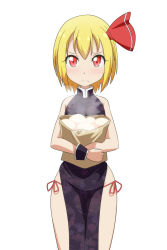 Rule 34 | 1girl, alternate costume, bag, baozi, bare arms, bare shoulders, blonde hair, cato (monocatienus), china dress, chinese clothes, commentary request, cowboy shot, dress, floral print, food, frown, hair ribbon, highres, holding, holding bag, looking at viewer, panties, paper bag, print dress, red eyes, red ribbon, ribbon, rumia, short hair, side-tie panties, side slit, simple background, sleeveless, sleeveless dress, solo, steam, string panties, touhou, underwear, white background, wrist cuffs