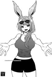 Rule 34 | 1girl, animal ears, artist name, bare arms, bare shoulders, breasts, cleavage, commission, cowboy shot, facing viewer, formal, greyscale, highres, looking at viewer, medium breasts, meme, midriff, monochrome, my little pogchamp (meme), norman maggot, open mouth, original, reaching, reaching towards viewer, shirt, short shorts, shorts, simple background, sleeveless, sleeveless shirt, smile, solo, standing, tank top, white background
