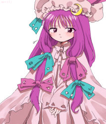 Rule 34 | 1girl, aqua ribbon, blush, bun cover, cloak, closed mouth, commentary request, cowboy shot, crescent, crescent hat ornament, dot nose, double bun, dress, eyes visible through hair, hair bun, hair ribbon, hat, hat ornament, hat ribbon, long hair, long sleeves, looking at viewer, mob cap, patchouli knowledge, pink cloak, pink dress, pink hat, pink ribbon, purple eyes, purple hair, ribbon, sakumo (okura oishiiii), signature, simple background, sleeves past wrists, solo, standing, touhou, tress ribbon, v arms, white background