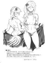 Rule 34 | 1girl, alternate costume, alternate hairstyle, back, bikini, breasts, closed mouth, collarbone, dated, earrings, fingernails, flower, from behind, fuantei, greyscale, hair between eyes, hair flower, hair ornament, half-closed eyes, hands up, highres, jewelry, junko (touhou), large breasts, lily (flower), long hair, looking at viewer, looking back, looking to the side, monochrome, nail polish, navel, ponytail, side ponytail, simple background, single sidelock, solo, standing, swimsuit, tassel, tassel earrings, touhou, wrist cuffs