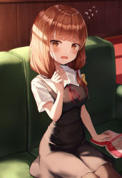 Rule 34 | 1girl, absurdres, black dress, blush, book, breasts, brown eyes, brown hair, commentary request, couch, dress, embarrassed, hand up, haneiro, highres, iino miko, kaguya-sama wa kokurasetai ~tensai-tachi no renai zunousen~, long hair, looking at viewer, medium breasts, on couch, open mouth, pantyhose, red neckwear, red ribbon, ribbon, school uniform, short sleeves, short twintails, shuuchiin academy school uniform, sitting, solo, twintails, wavy mouth