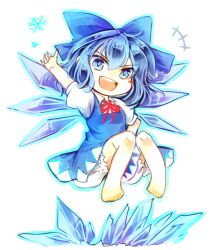 Rule 34 | 1girl, blue bow, blue dress, blue hair, blush, bow, chibi, cirno, commentary request, dress, full body, hair bow, ice, kutsuki kai, one-hour drawing challenge, open mouth, short hair, short sleeves, simple background, snowflakes, solo, teeth, touhou, upper teeth only, white background