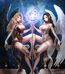 Rule 34 | 2girls, angel, angel wings, artist name, backlighting, black dress, black hair, black vs white, black wings, blonde hair, blue background, blue eyes, breasts, brown eyes, cleavage, commentary, dress, earrings, feathered wings, full body, hair ornament, jewelry, large breasts, legs, light particles, long hair, looking at viewer, looking to the side, magic, multiple girls, original, pakoo, parted lips, railing, signature, sitting, sleeveless, sleeveless dress, staff, symmetrical pose, symmetry, very long hair, watermark, wavy hair, web address, white dress, white wings, wings