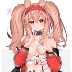 Rule 34 | 1girl, absurdres, angelina (arknights), angelina (distinguished visitor) (arknights), animal ears, arknights, bare shoulders, belt, black collar, blush, breasts, brown hair, collar, commentary request, convenient arm, fox ears, hair between eyes, hairband, hands up, heart, heart hands, highres, kotoha (kotoha65), long hair, long sleeves, looking at viewer, off shoulder, official alternate costume, red eyes, red hairband, solo, twintails, upper body, white background, white belt