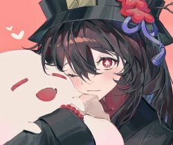 Rule 34 | 1girl, bead bracelet, beads, black hair, black hat, blush, boo tao (genshin impact), bracelet, brown hair, closed mouth, d yinkya, fang, flower, flower-shaped pupils, genshin impact, ghost, hat, hat flower, heart, highres, hu tao (genshin impact), jewelry, long hair, looking at viewer, multicolored hair, one eye closed, open mouth, pink background, red eyes, simple background, symbol-shaped pupils, upper body