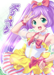 Rule 34 | 1girl, :d, ahoge, aqua eyes, blush, bow, detached collar, detached sleeves, dress, gem, hair bow, manaka laala, mizuki gyokuran, musical note, open mouth, pretty series, pripara, puffy detached sleeves, puffy sleeves, purple hair, red ribbon, ribbon, skirt, smile, solo, sparkle, striped clothes, striped skirt, treble clef, twintails, v, vertical-striped clothes, vertical-striped skirt, wrist ribbon
